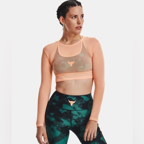 UNDER ARMOUR Project Rock Peach Horizon Black Orange Sheer Mesh crop top size XS - Picture 9 of 10
